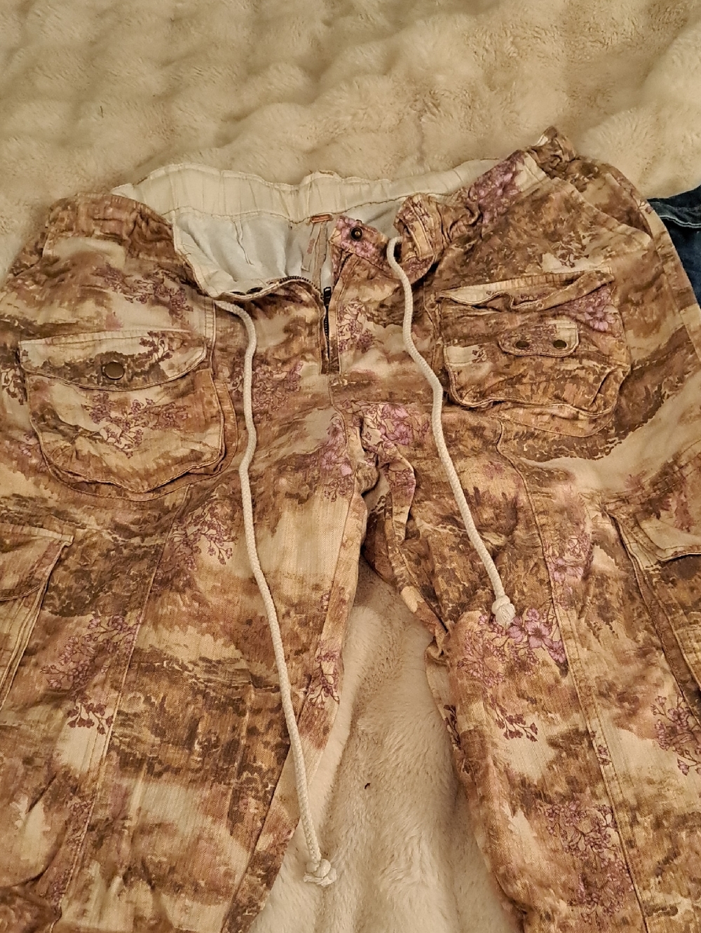 Free People Tan Floral Print Tahiti  Cargo Pants Sz Xl